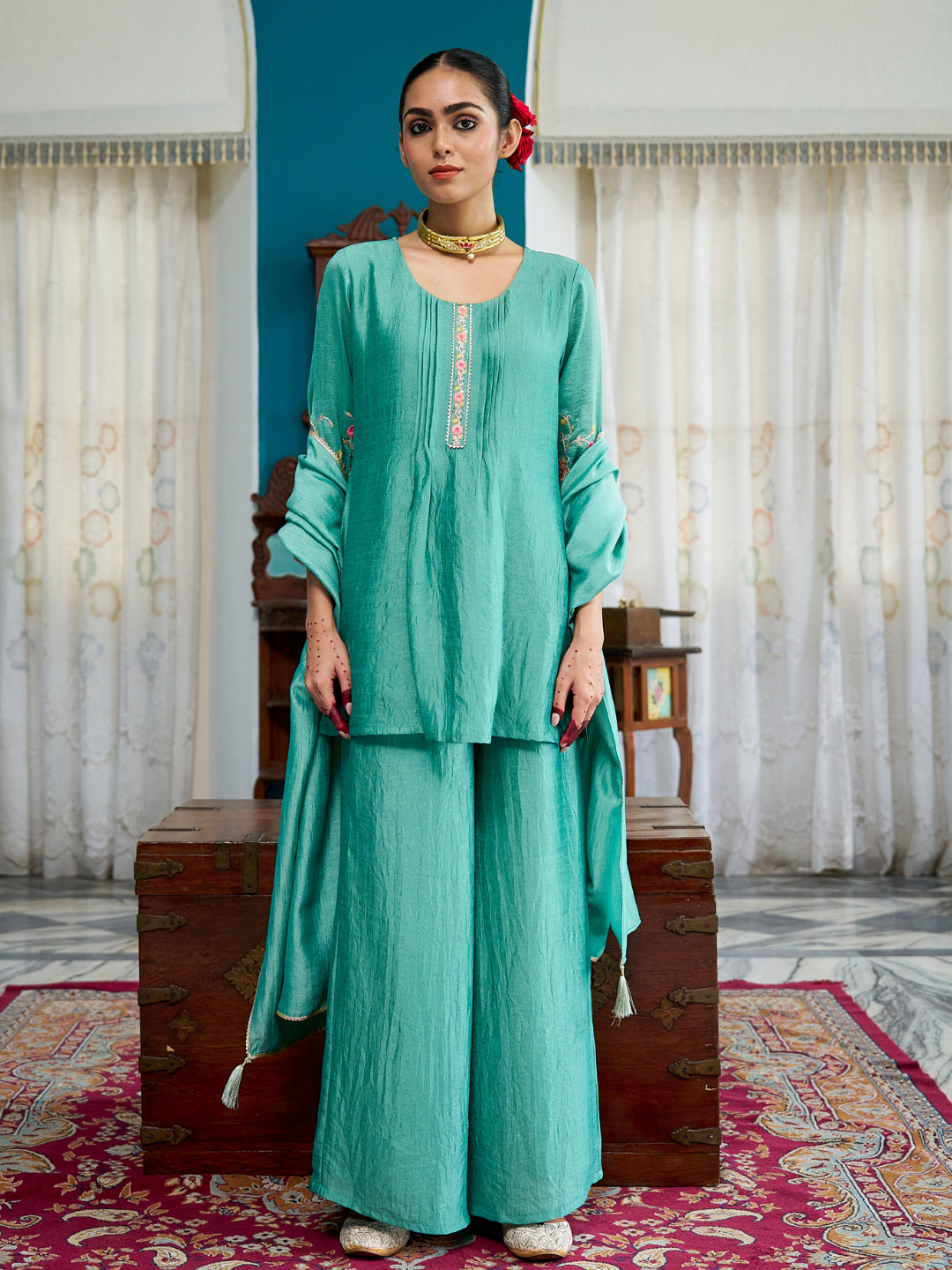 C Green Embroidered Peplum Top with Sharara Set