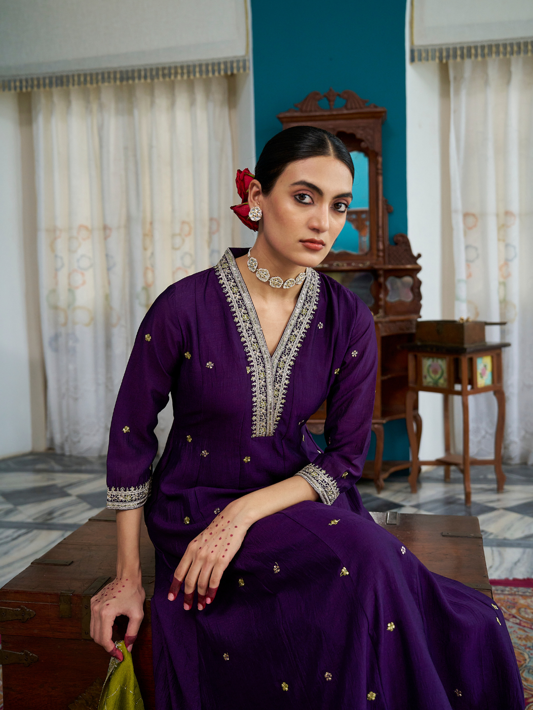 Violet Embroidered Silk Anarkali Kurta With Dupatta Set