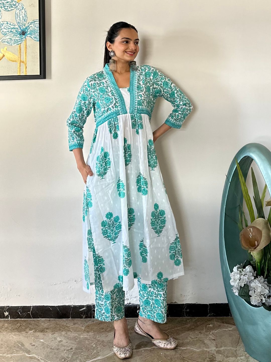 Aqua Blue Floral Print Cotton Kurta With Pants Set