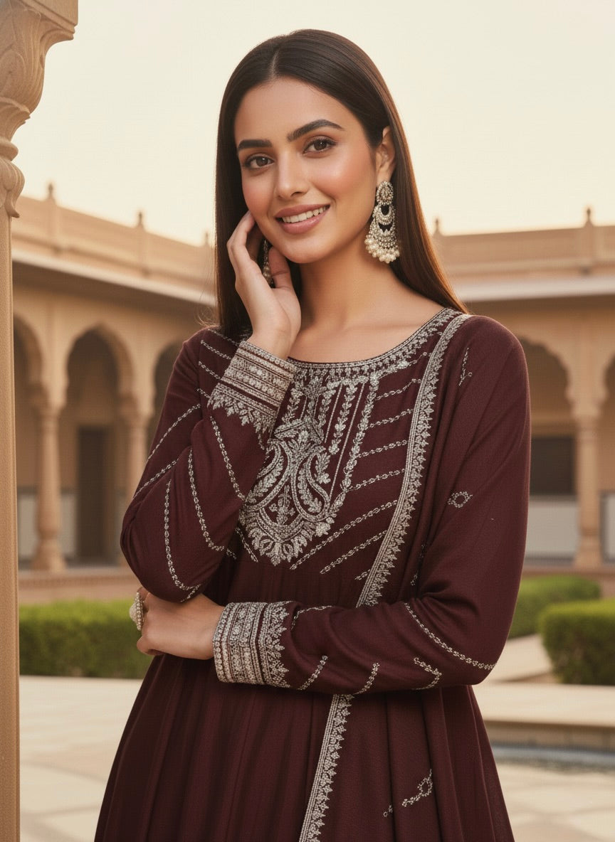 Coffee Embroidered Silk Anarkali Kurta With Dupatta Set