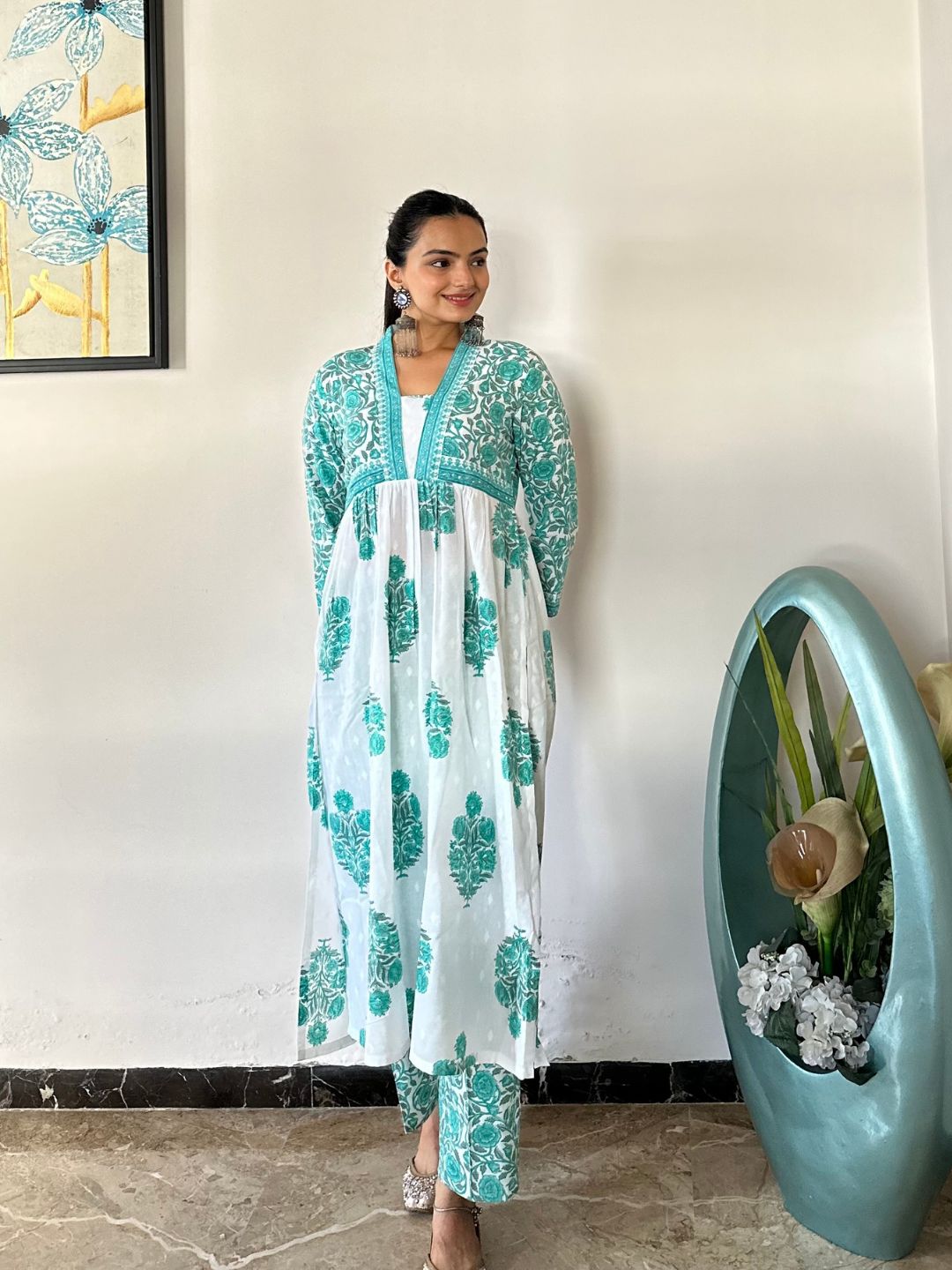 Aqua Blue Floral Print Cotton Kurta With Pants Set