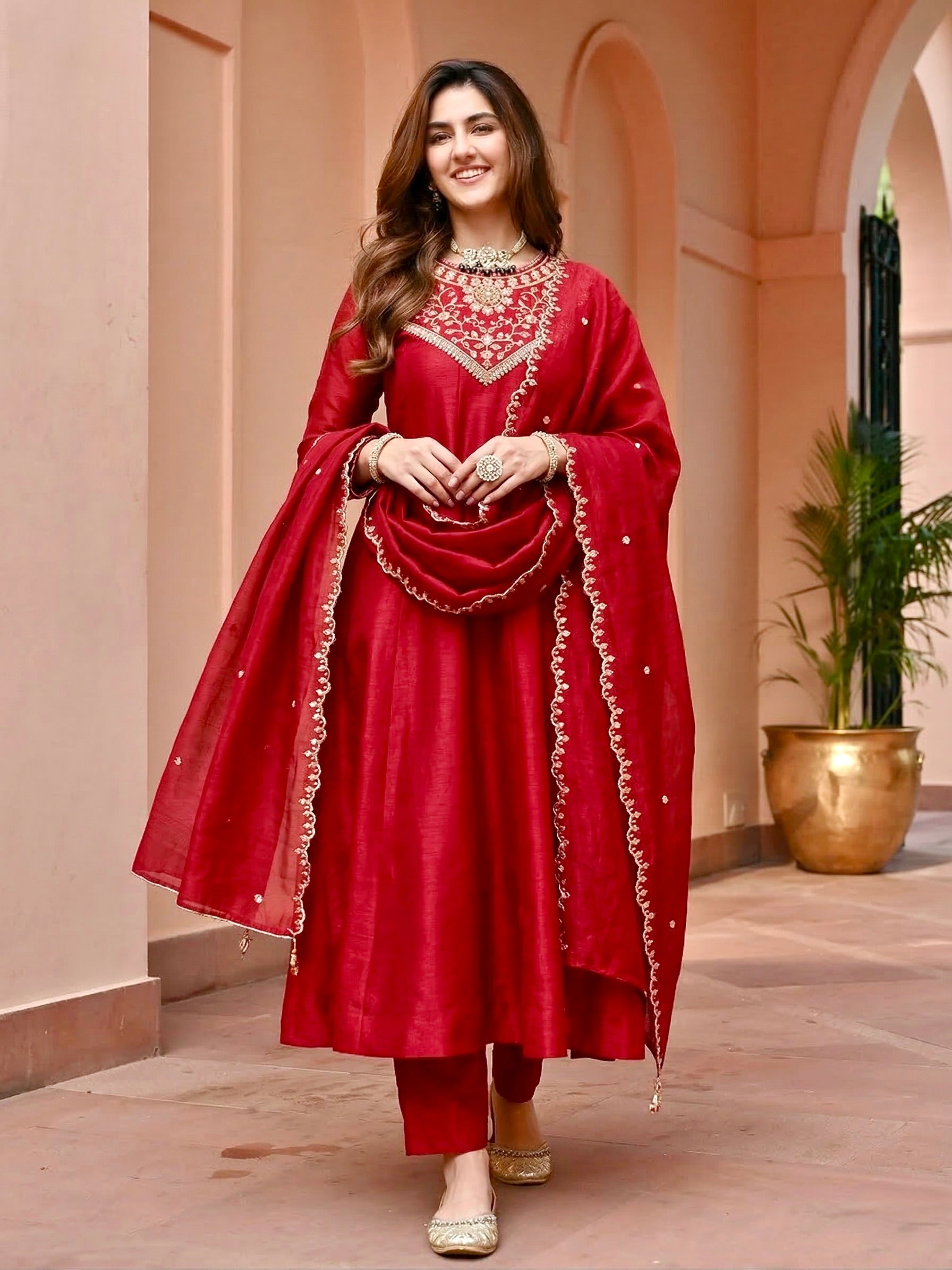 Red Embroidered Silk Anarkali Kurta With Dupatta Set
