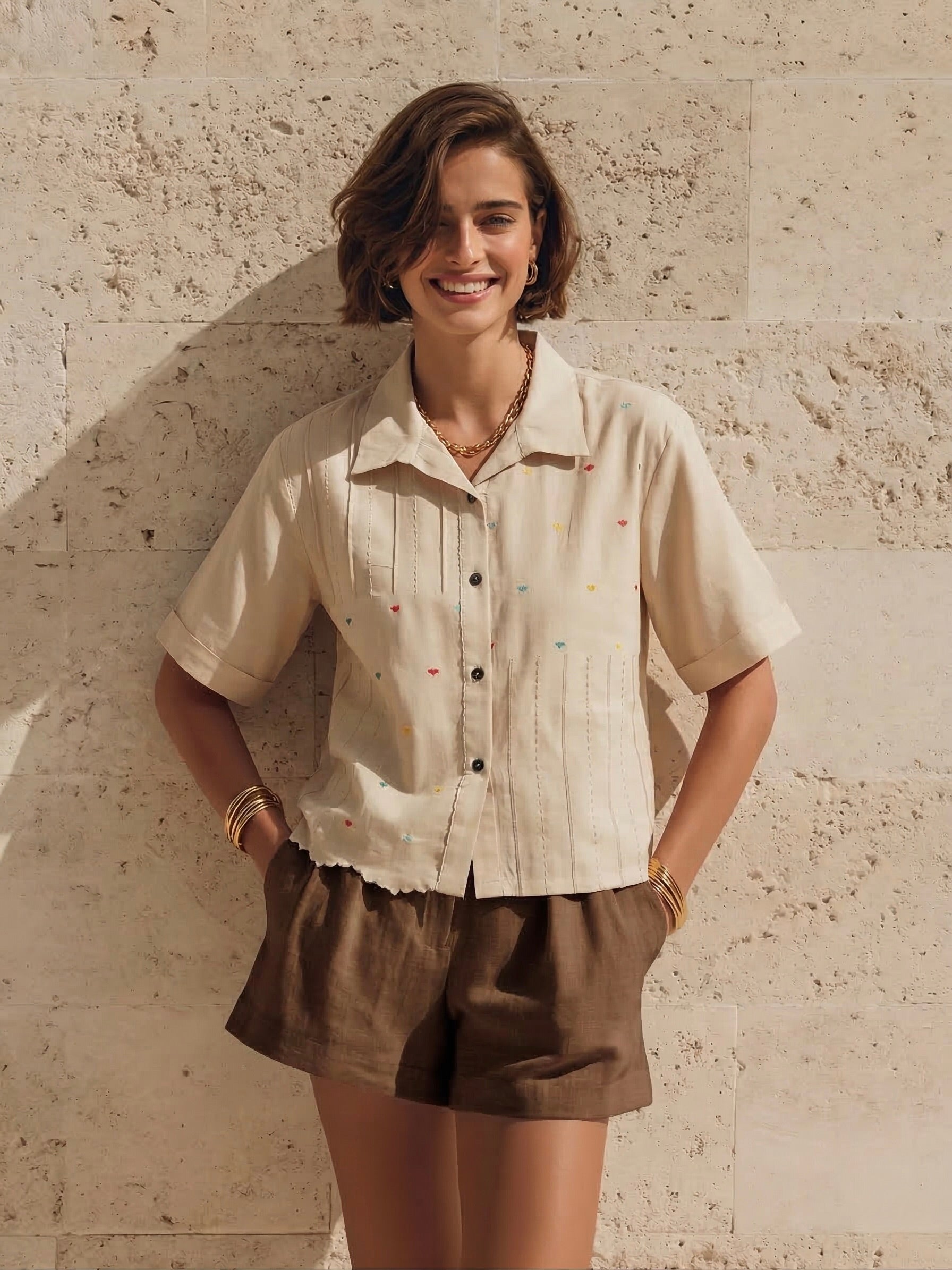 Cream Crepe Embroidered Regular Fit Shirt for Women