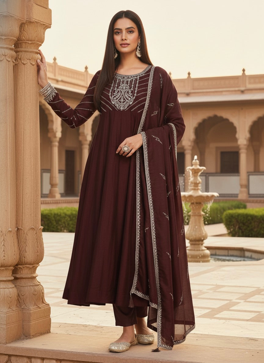 Coffee Embroidered Silk Anarkali Kurta With Dupatta Set
