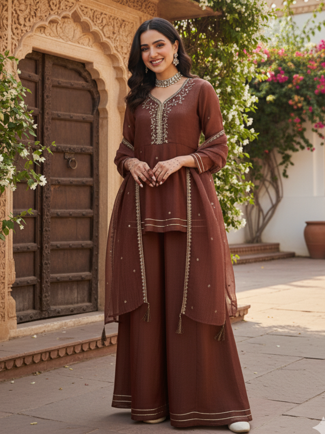 Coffee Embroidered Peplum Top with Sharara Set