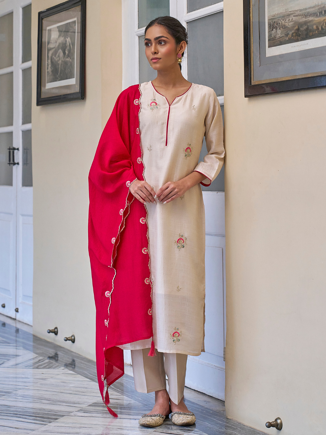 Cream Embroidered Chinon Kurta with Dupatta Set
