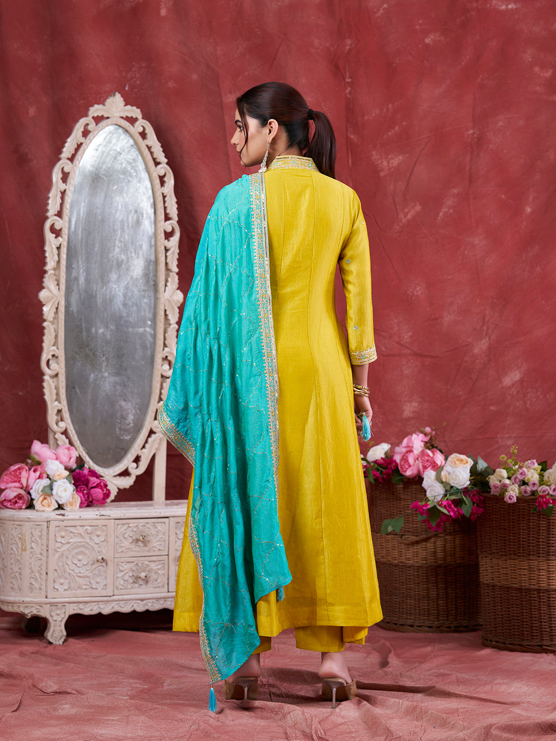 Lemon Yellow Embroidered Silk Anarkali Kurta With Dupatta Set