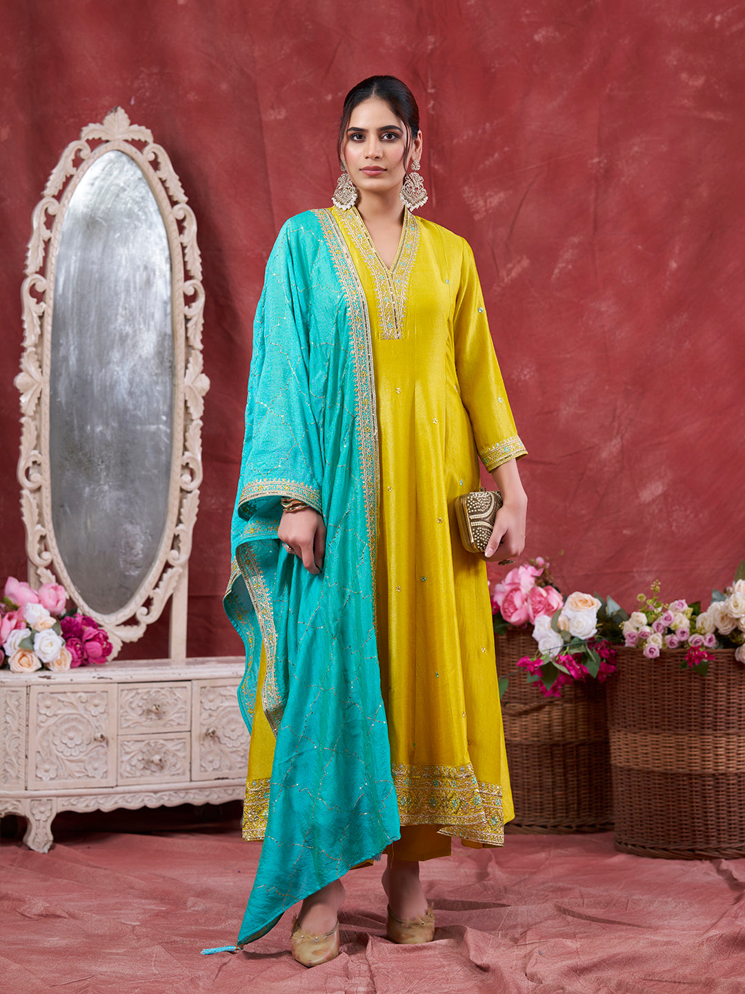 Lemon Yellow Embroidered Silk Anarkali Kurta With Dupatta Set