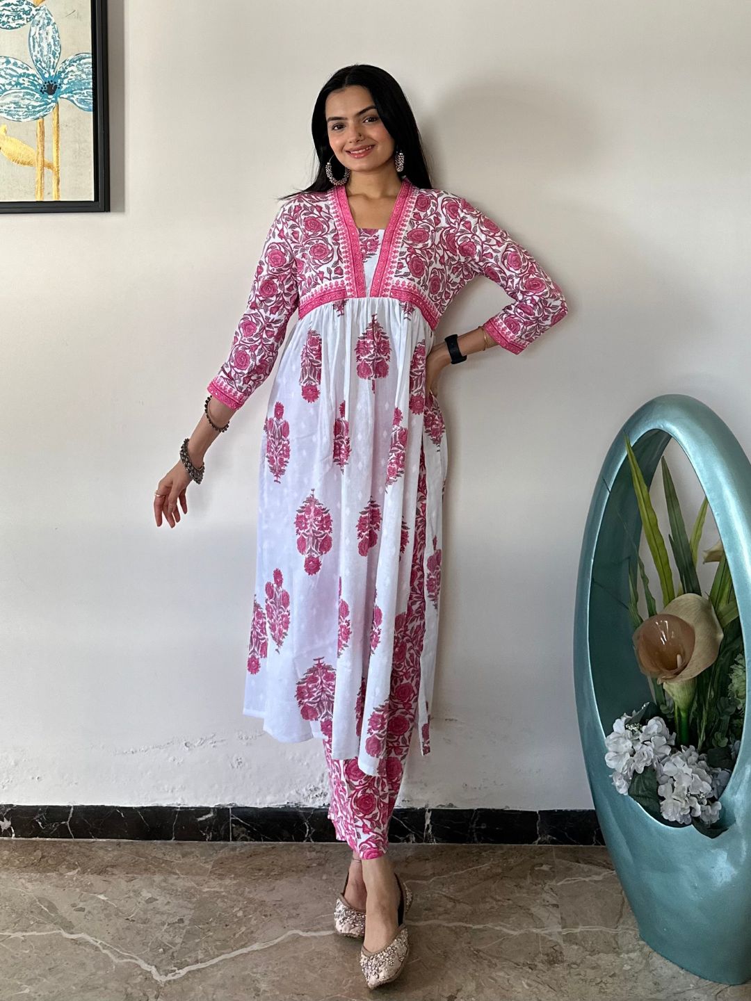 Pink Floral Print Cotton Kurta With Pants Set