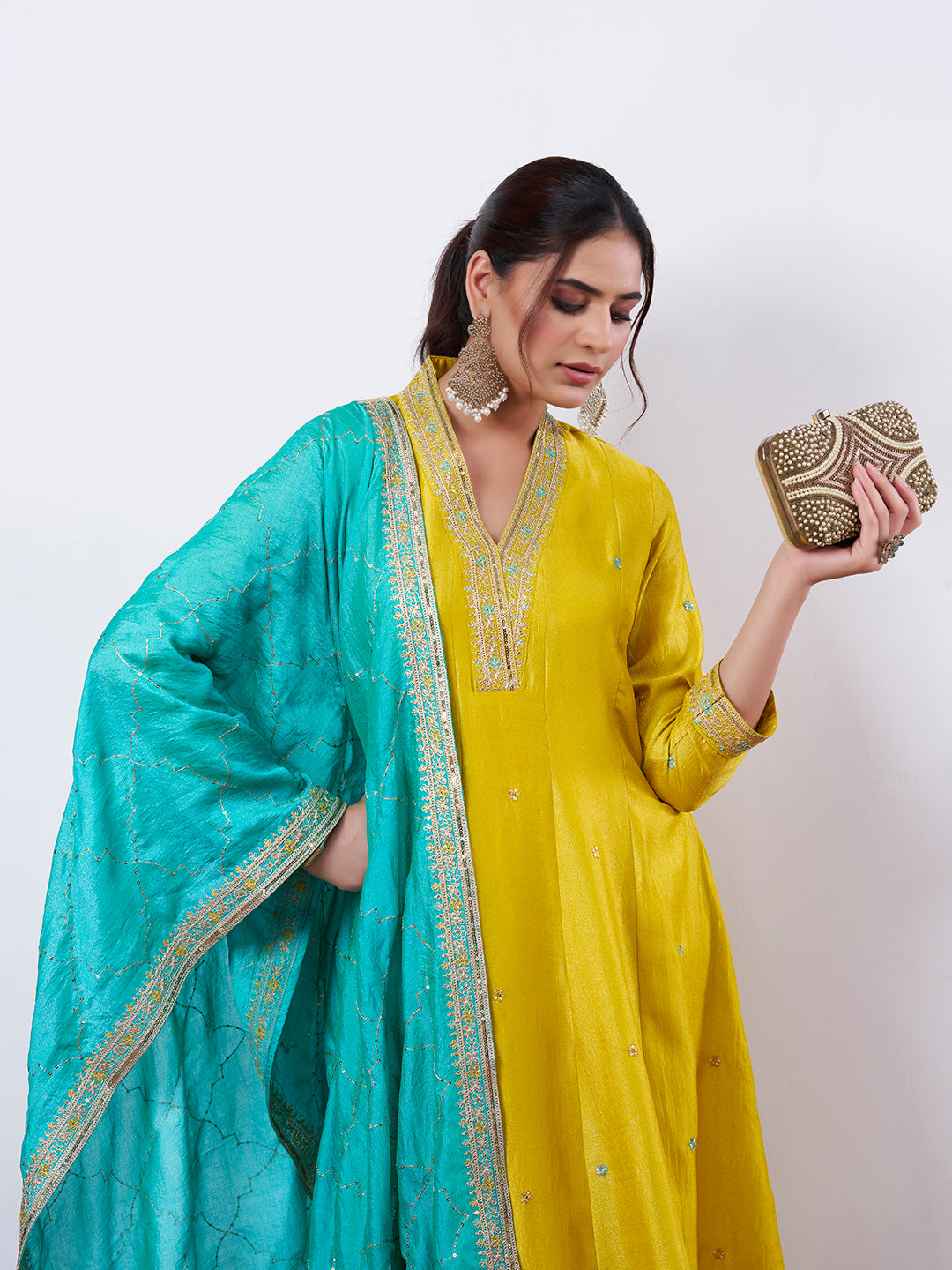 Lemon Yellow Embroidered Silk Anarkali Kurta With Dupatta Set