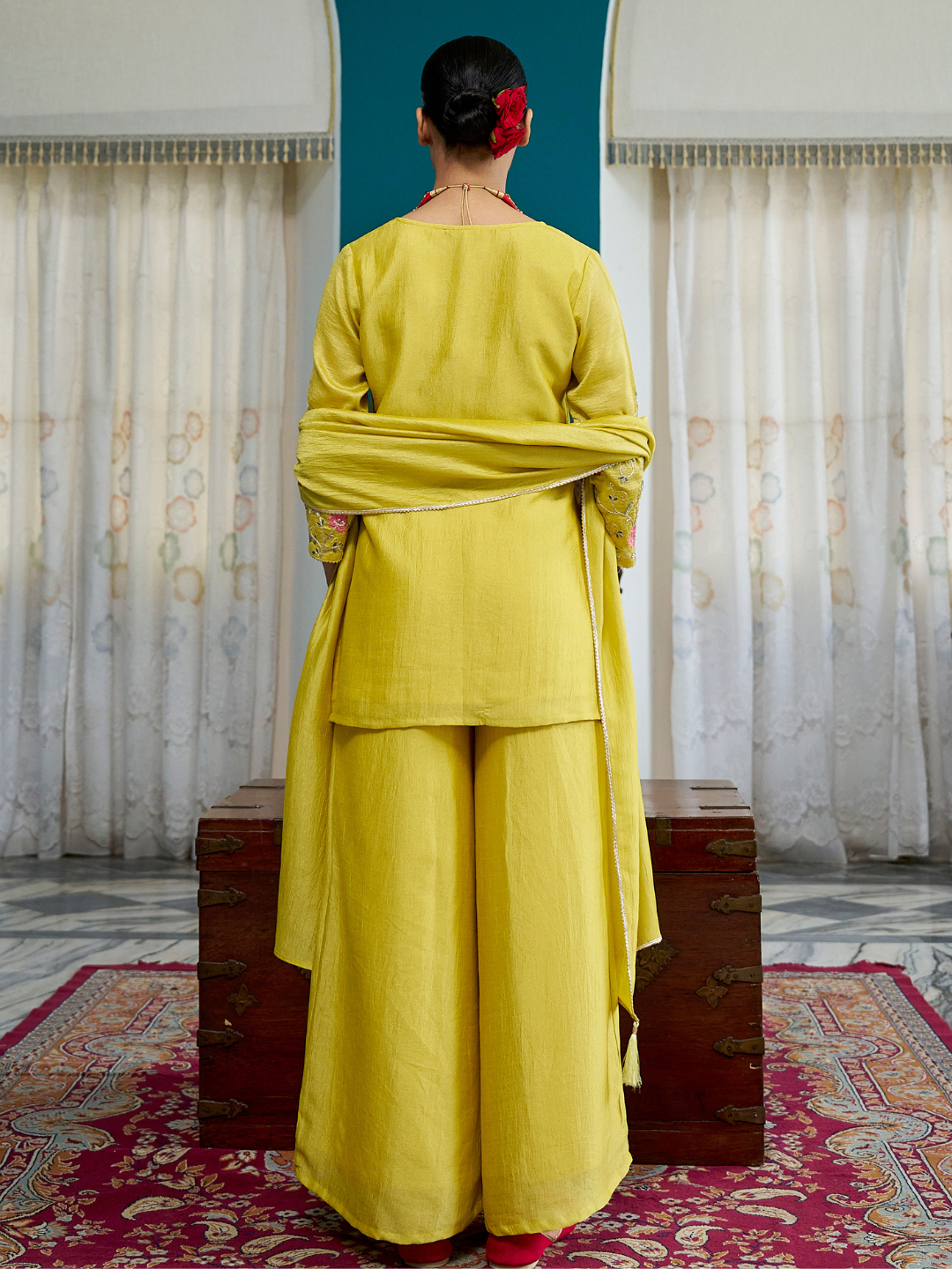 Lemon Yellow Embroidered Peplum Top with Sharara Set | back side