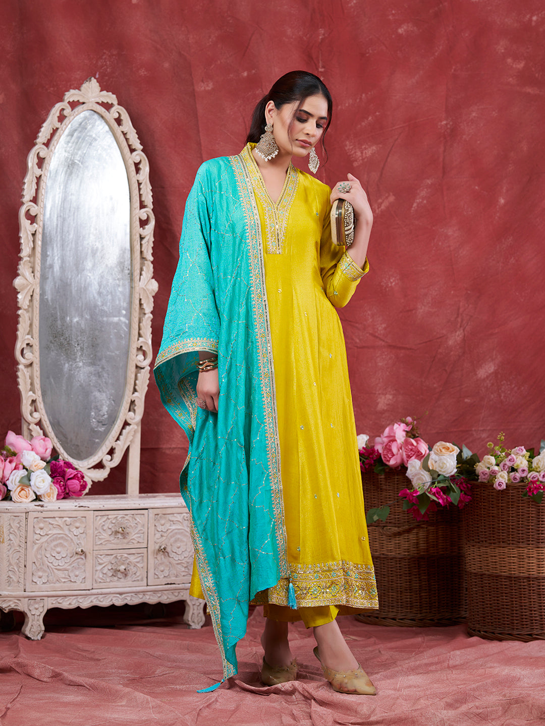 Lemon Yellow Embroidered Silk Anarkali Kurta With Dupatta Set