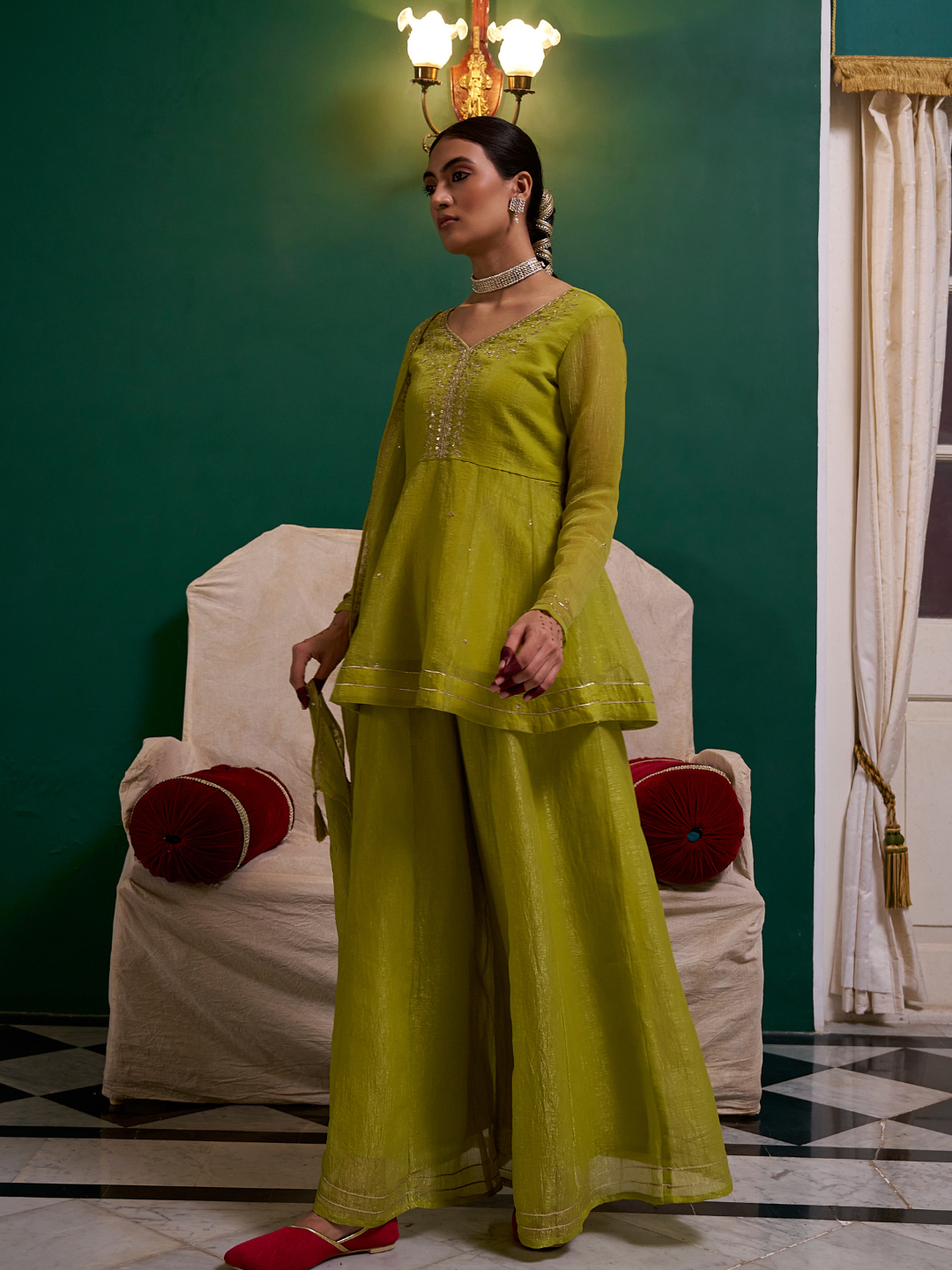 Neon Embroidered Peplum Top with Sharara Set