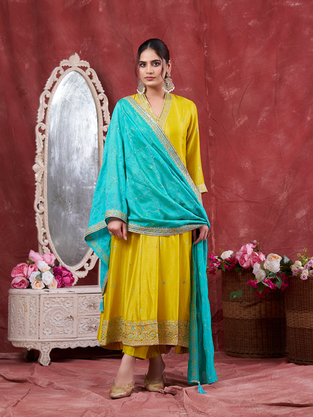 Lemon Yellow Embroidered Silk Anarkali Kurta With Dupatta Set
