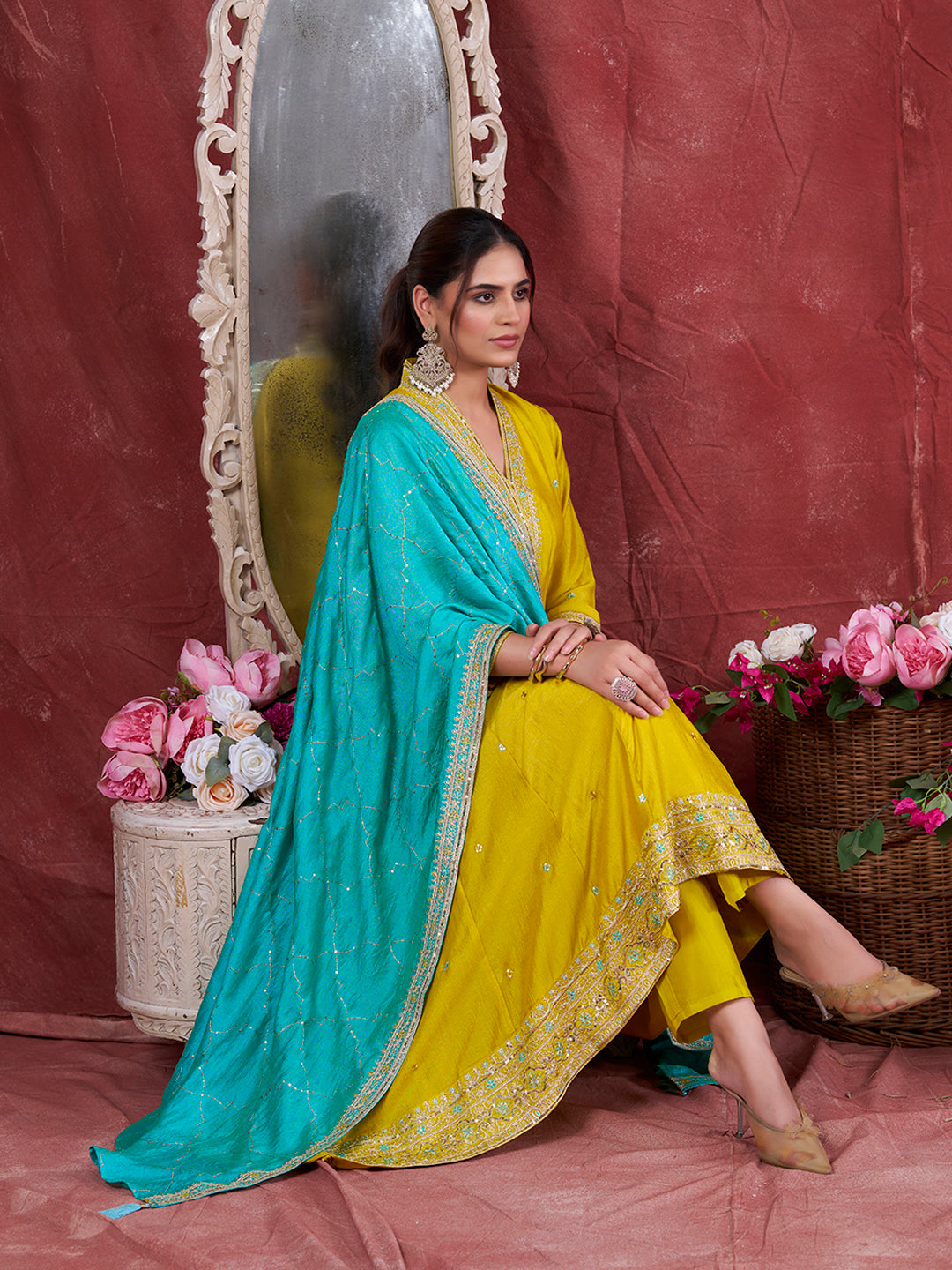 Lemon Yellow Embroidered Silk Anarkali Kurta With Dupatta Set