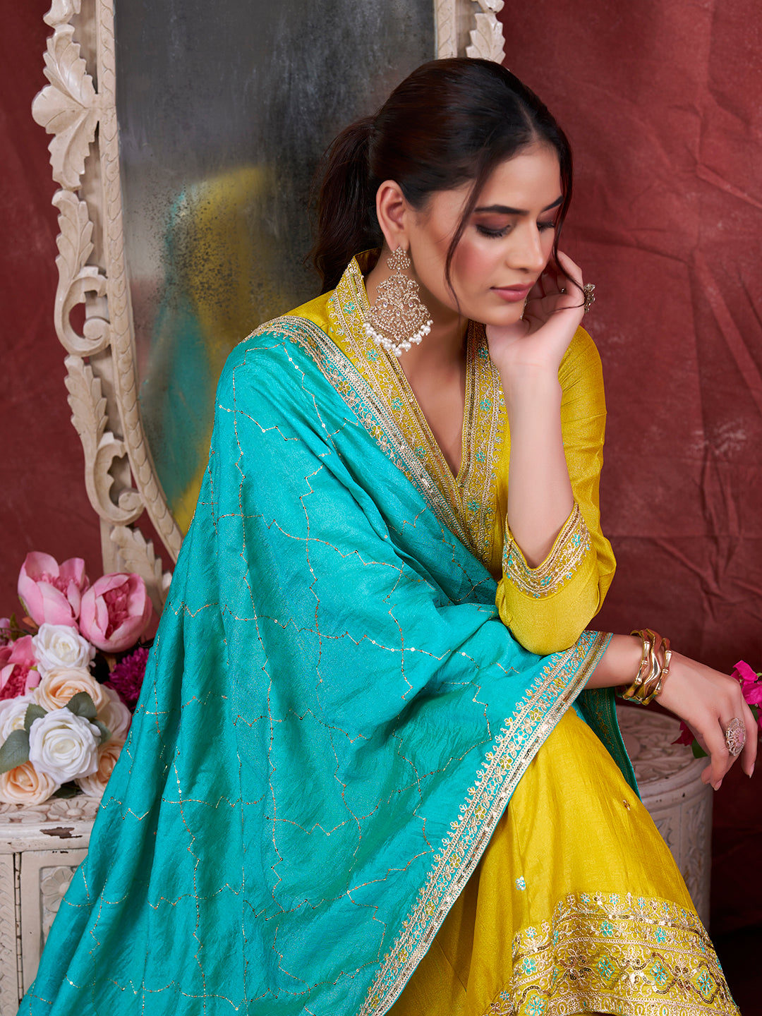 Lemon Yellow Embroidered Silk Anarkali Kurta With Dupatta Set