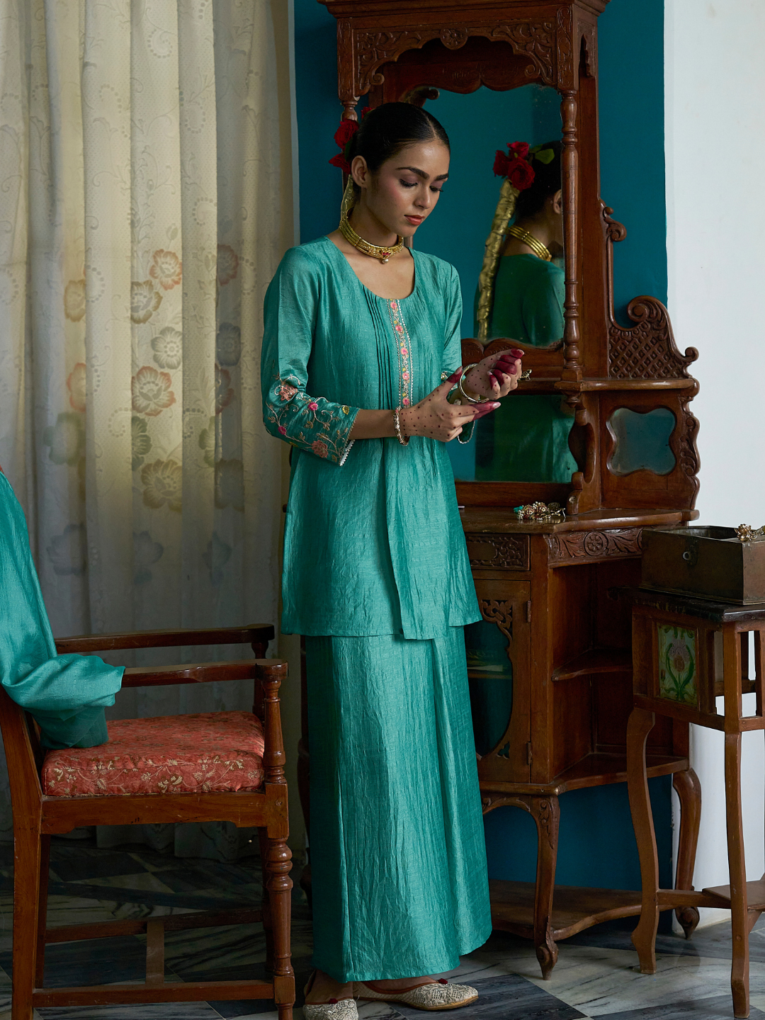 C Green Embroidered Peplum Top with Sharara Set