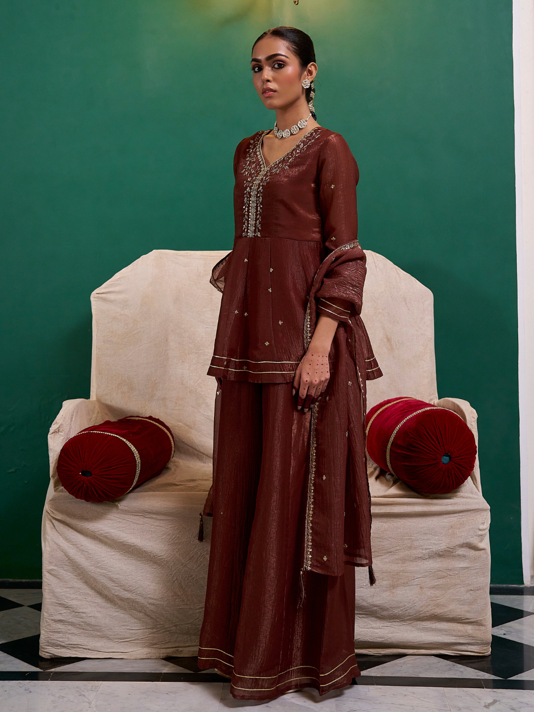 Coffee Embroidered Peplum Top with Sharara Set