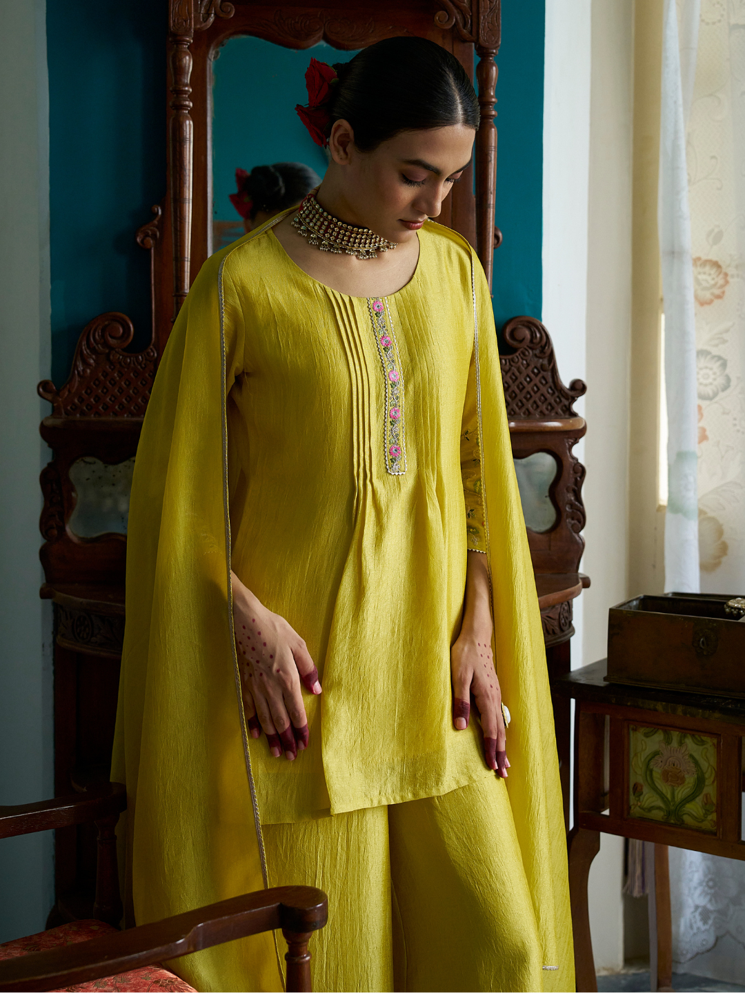 Lemon Yellow Embroidered Peplum Top with Sharara Set