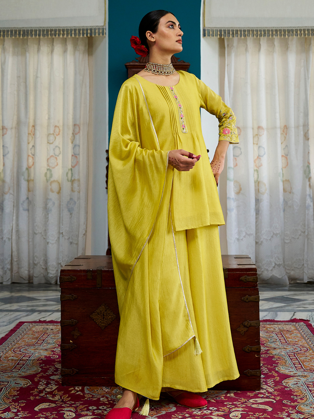 Lemon Yellow Embroidered Peplum Top with Sharara Set