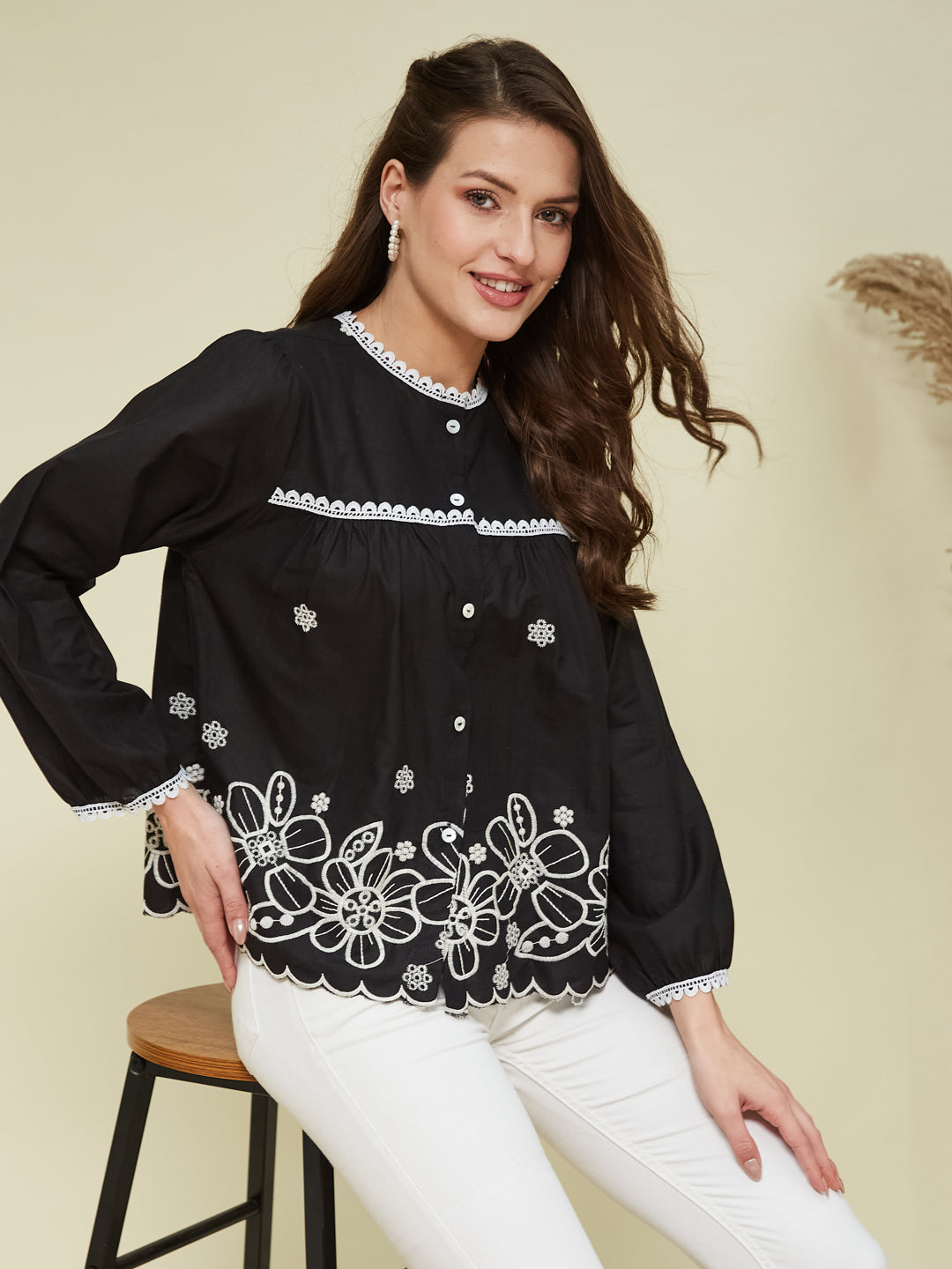 Black Embroidered Full Sleeves Regular Cotton Shirt
