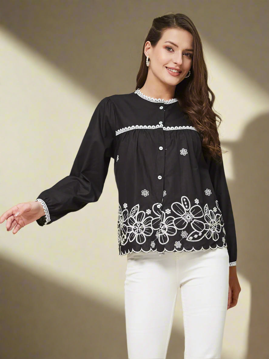Black Embroidered Full Sleeves Regular Cotton Shirt