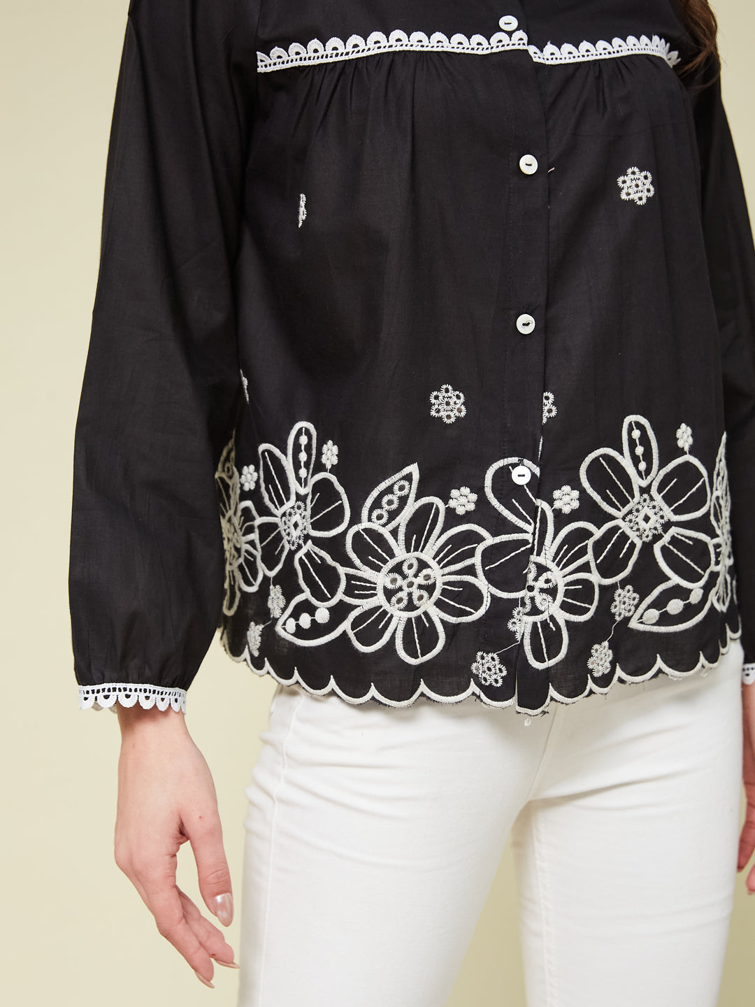 Black Embroidered Full Sleeves Regular Cotton Shirt