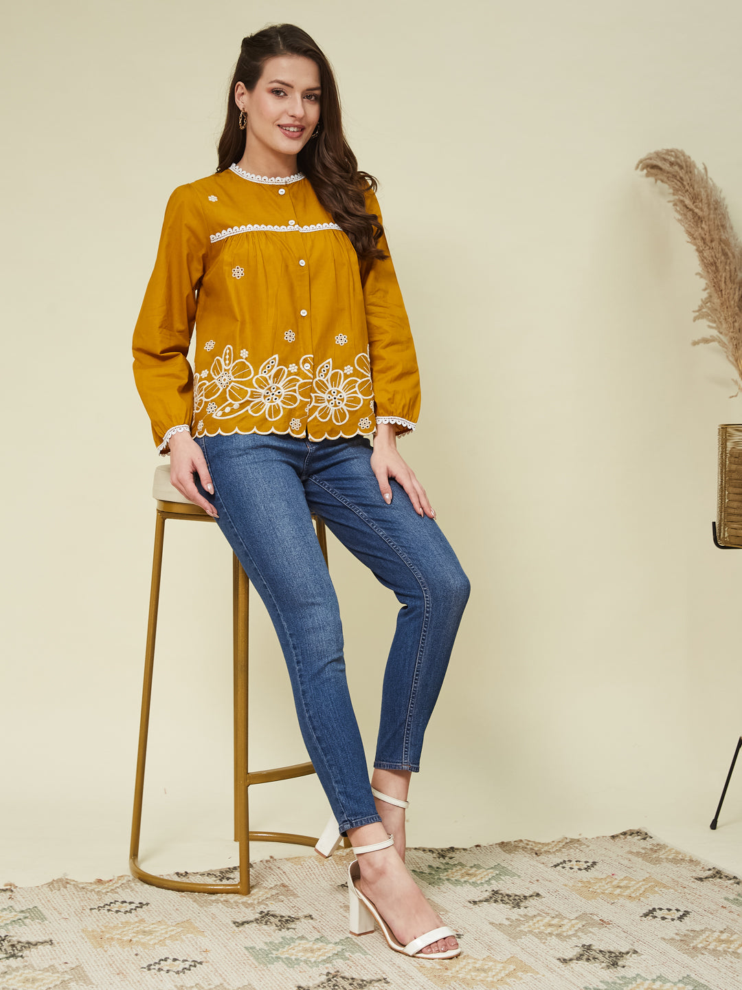 Mustard Embroidered Full Sleeves Regular Cotton Shirt