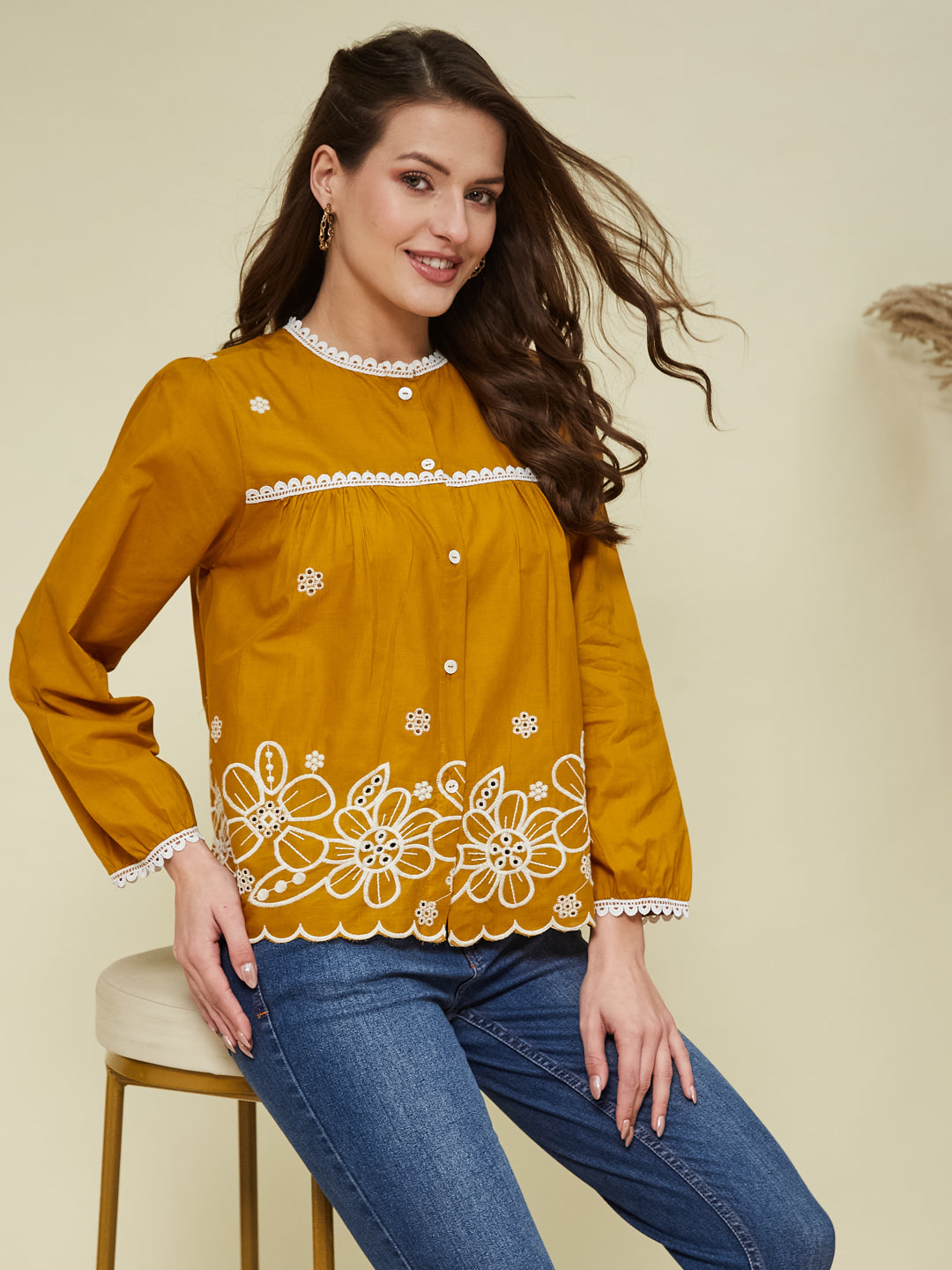 Mustard Embroidered Full Sleeves Regular Cotton Shirt
