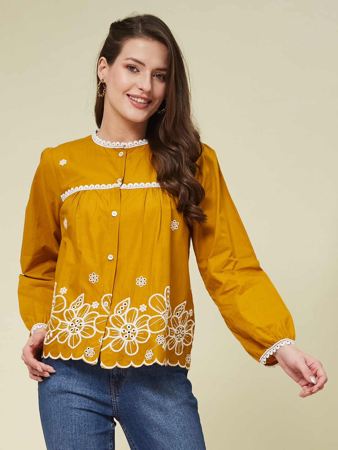 Mustard Embroidered Full Sleeves Regular Cotton Shirt
