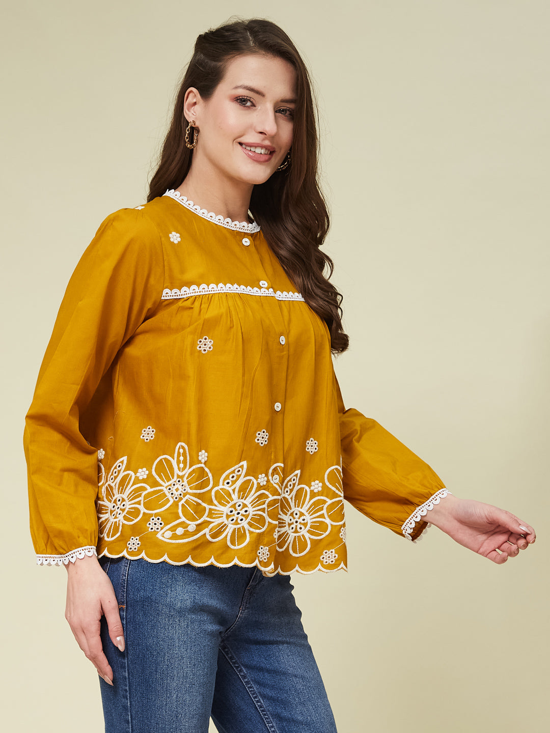 Mustard Embroidered Full Sleeves Regular Cotton Shirt