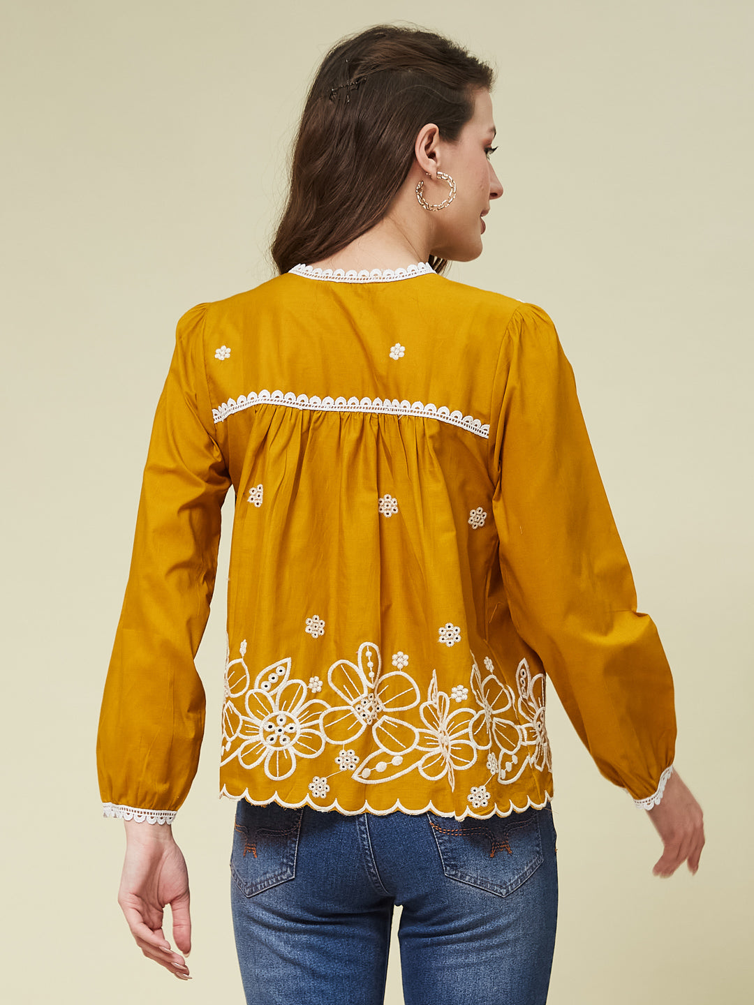 Mustard Embroidered Full Sleeves Regular Cotton Shirt