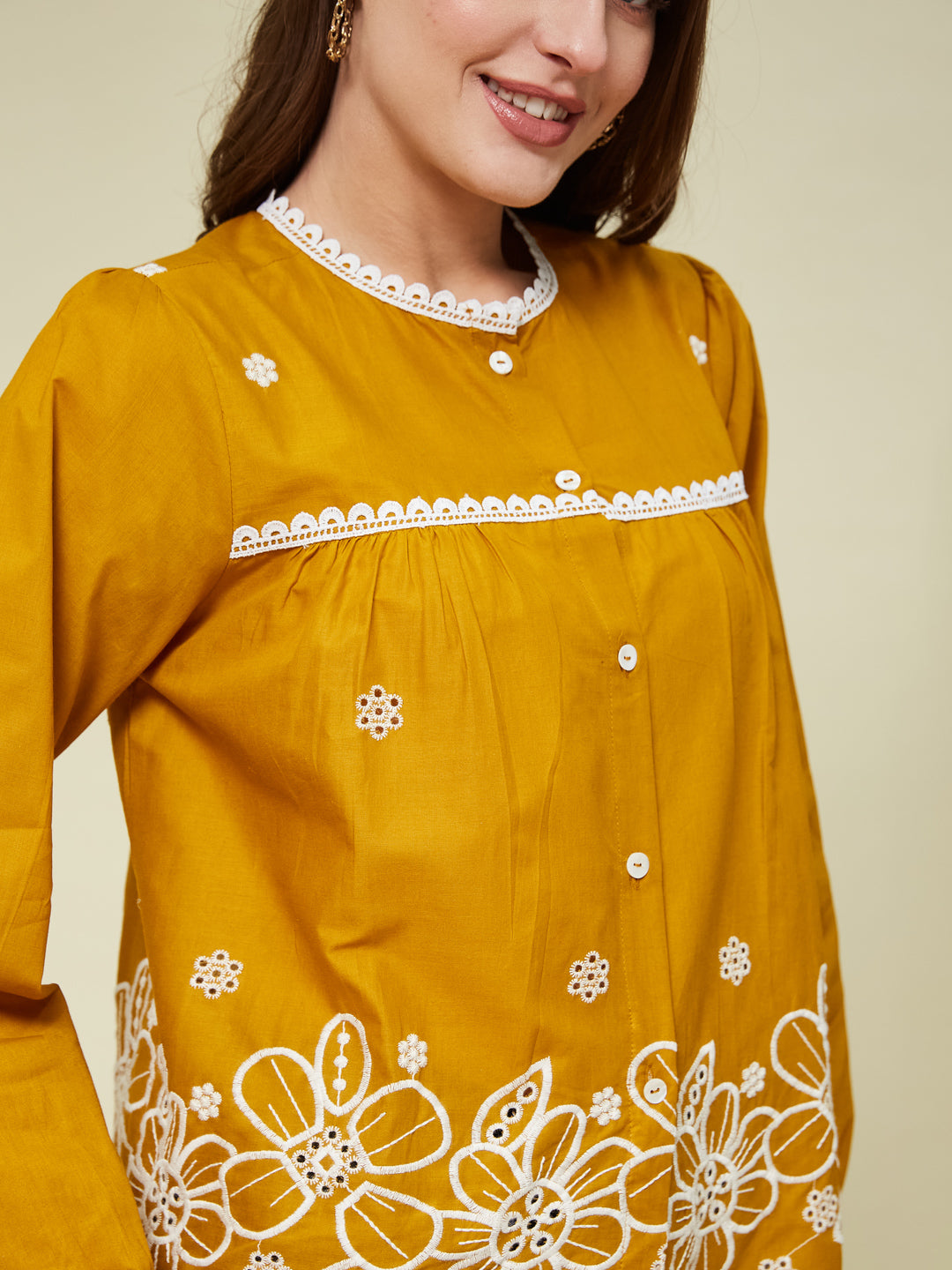 Mustard Embroidered Full Sleeves Regular Cotton Shirt