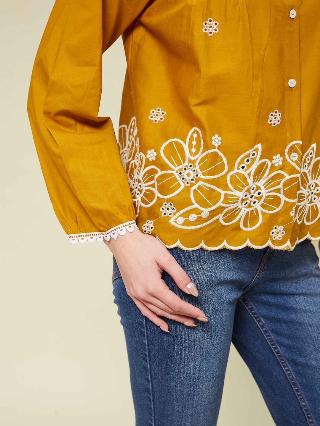 Mustard Embroidered Full Sleeves Regular Cotton Shirt
