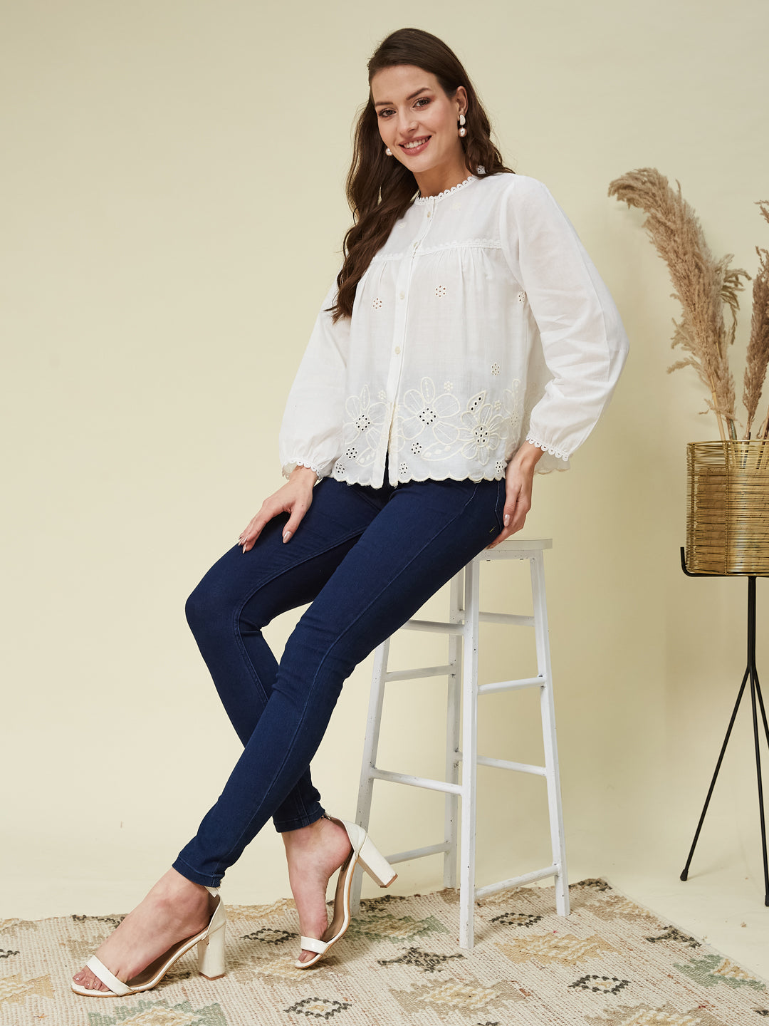 White Embroidered Full Sleeves Regular Cotton Shirt