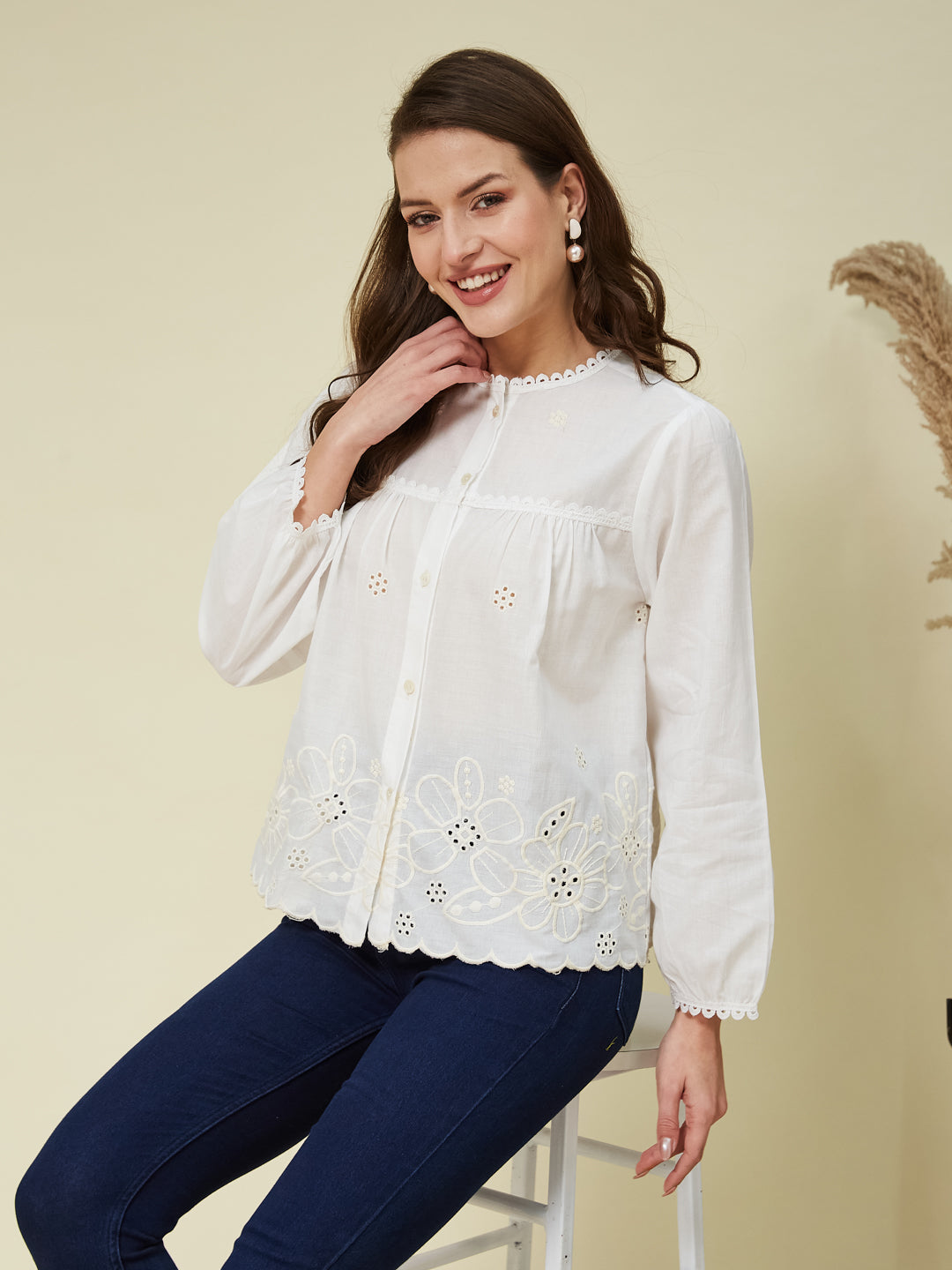 White Embroidered Full Sleeves Regular Cotton Shirt