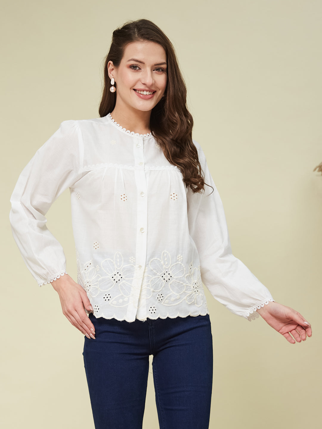 White Embroidered Full Sleeves Regular Cotton Shirt