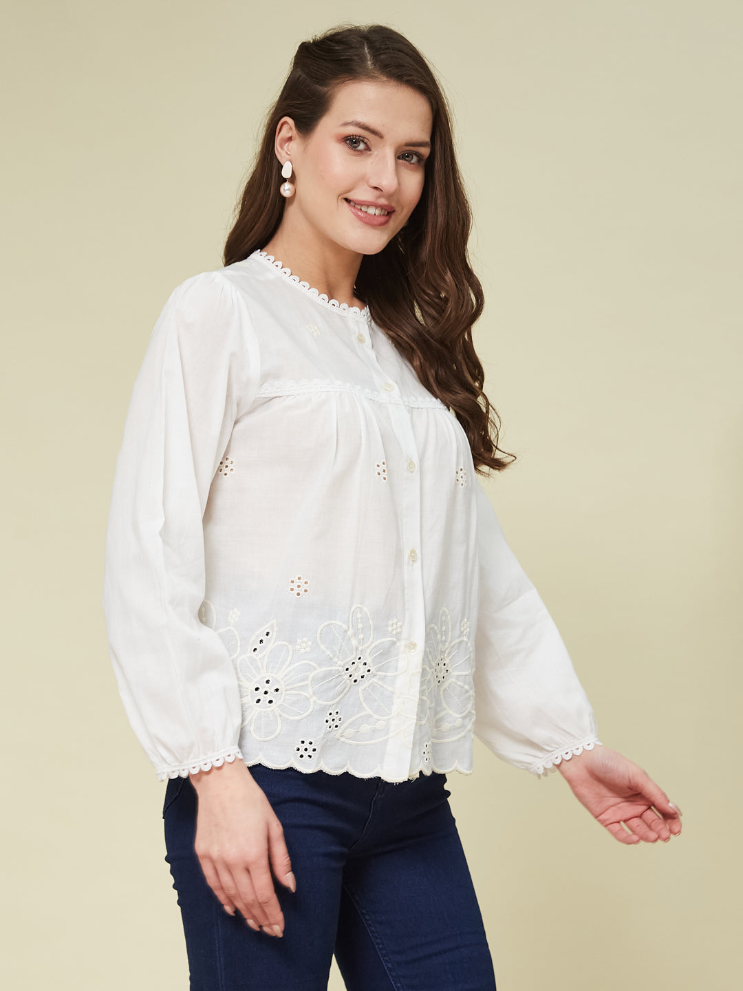 White Embroidered Full Sleeves Regular Cotton Shirt