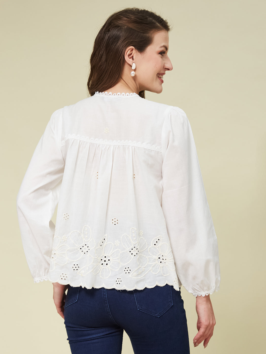 White Embroidered Full Sleeves Regular Cotton Shirt