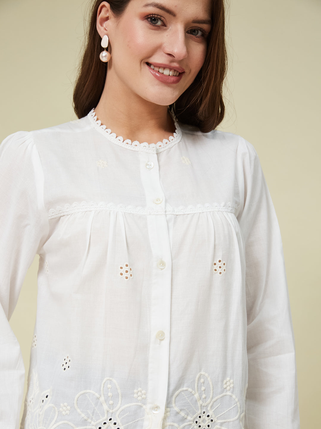 White Embroidered Full Sleeves Regular Cotton Shirt