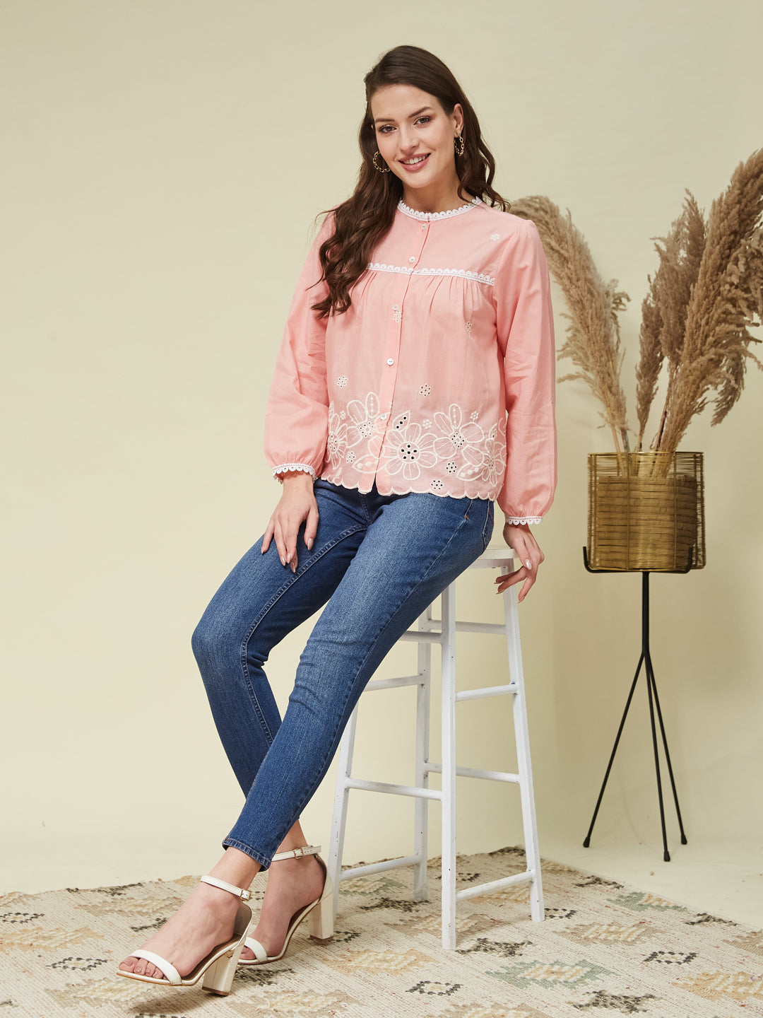 Pink Embroidered Full Sleeves Regular Cotton Shirt