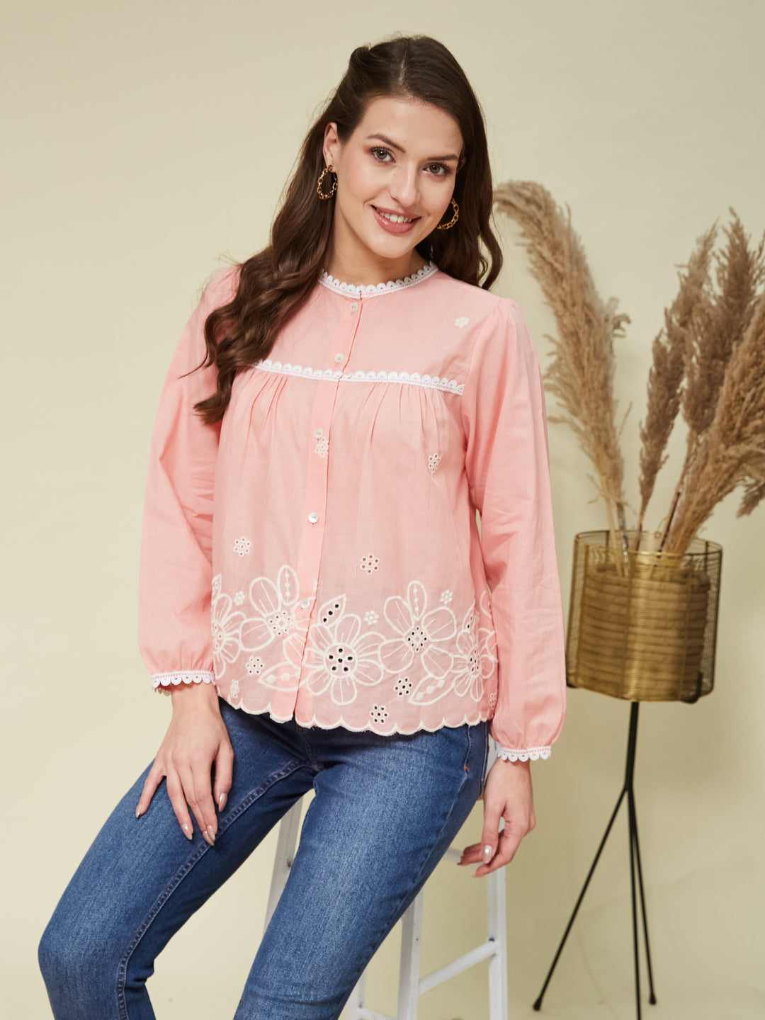 Pink Embroidered Full Sleeves Regular Cotton Shirt