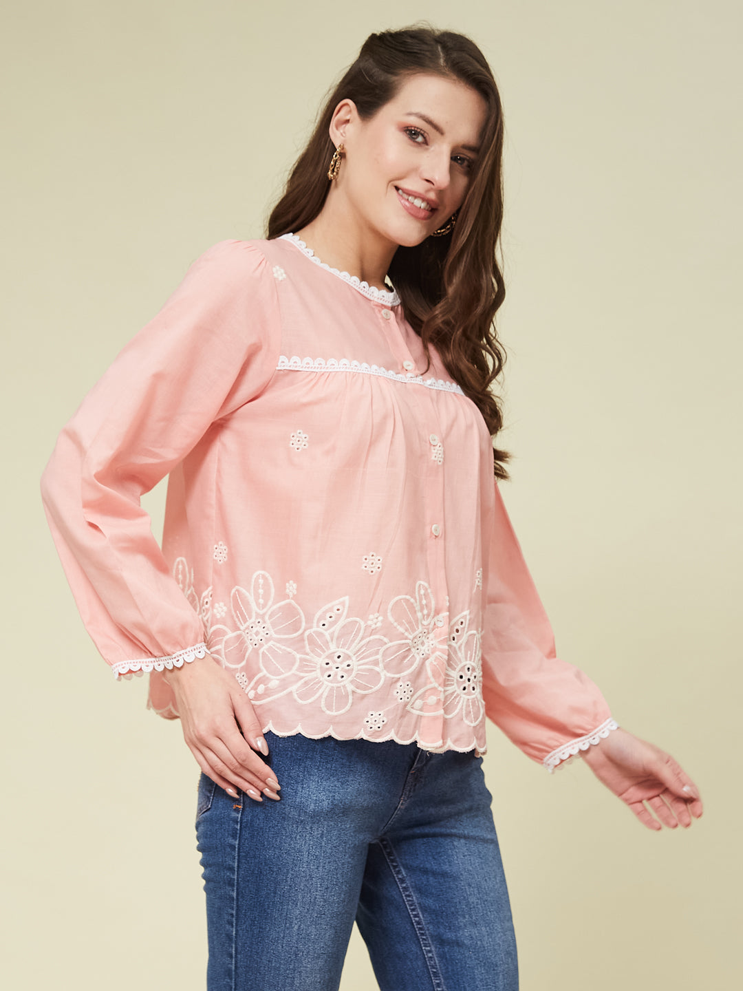 Pink Embroidered Full Sleeves Regular Cotton Shirt