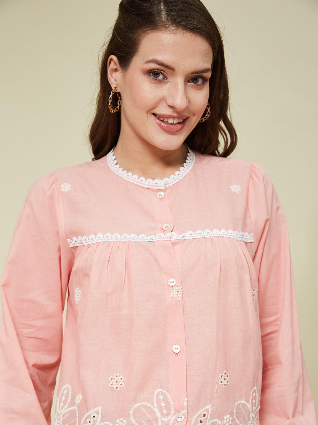 Pink Embroidered Full Sleeves Regular Cotton Shirt
