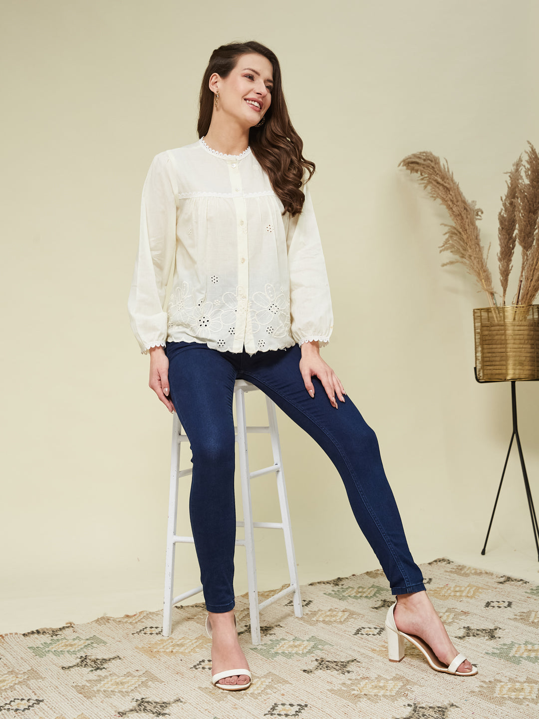 Off White Embroidered Full Sleeves Regular Cotton Shirt