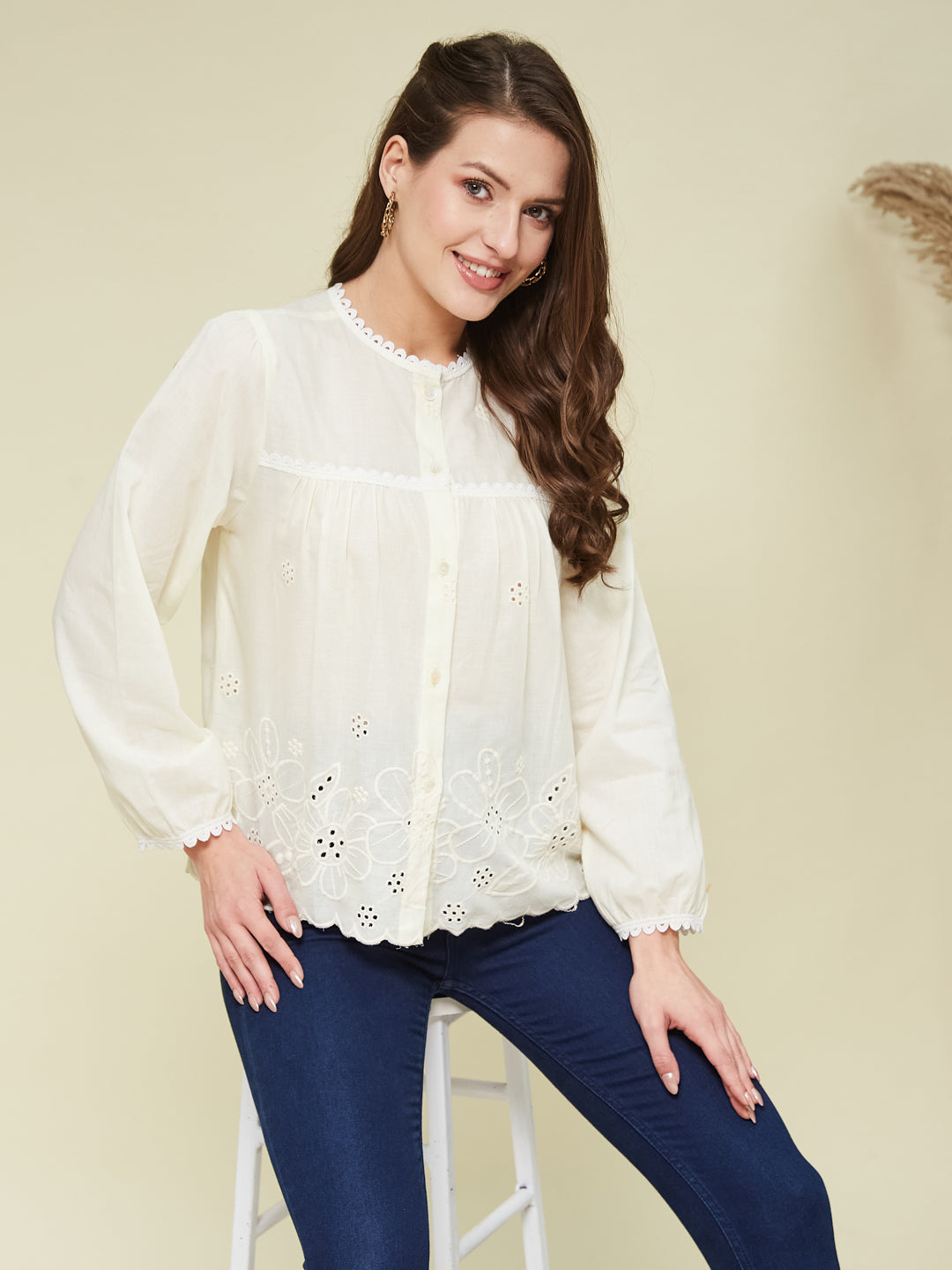 Off White Embroidered Full Sleeves Regular Cotton Shirt