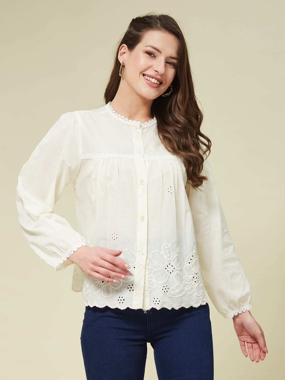 Off White Embroidered Full Sleeves Regular Cotton Shirt