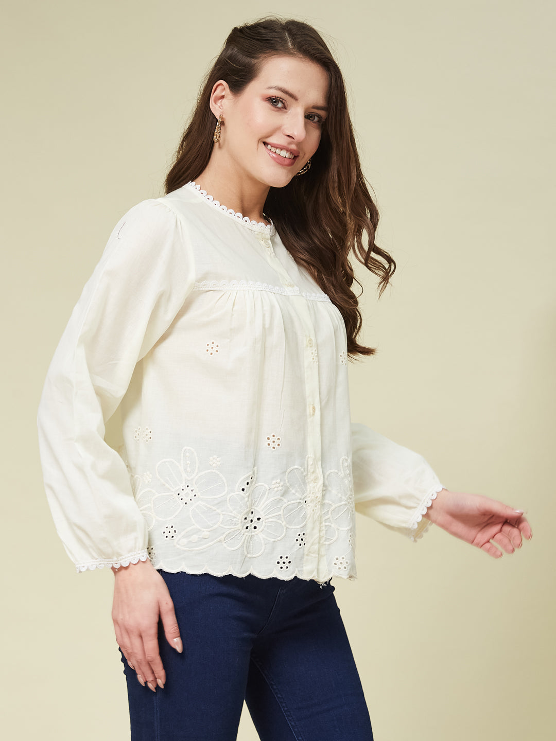 Off White Embroidered Full Sleeves Regular Cotton Shirt