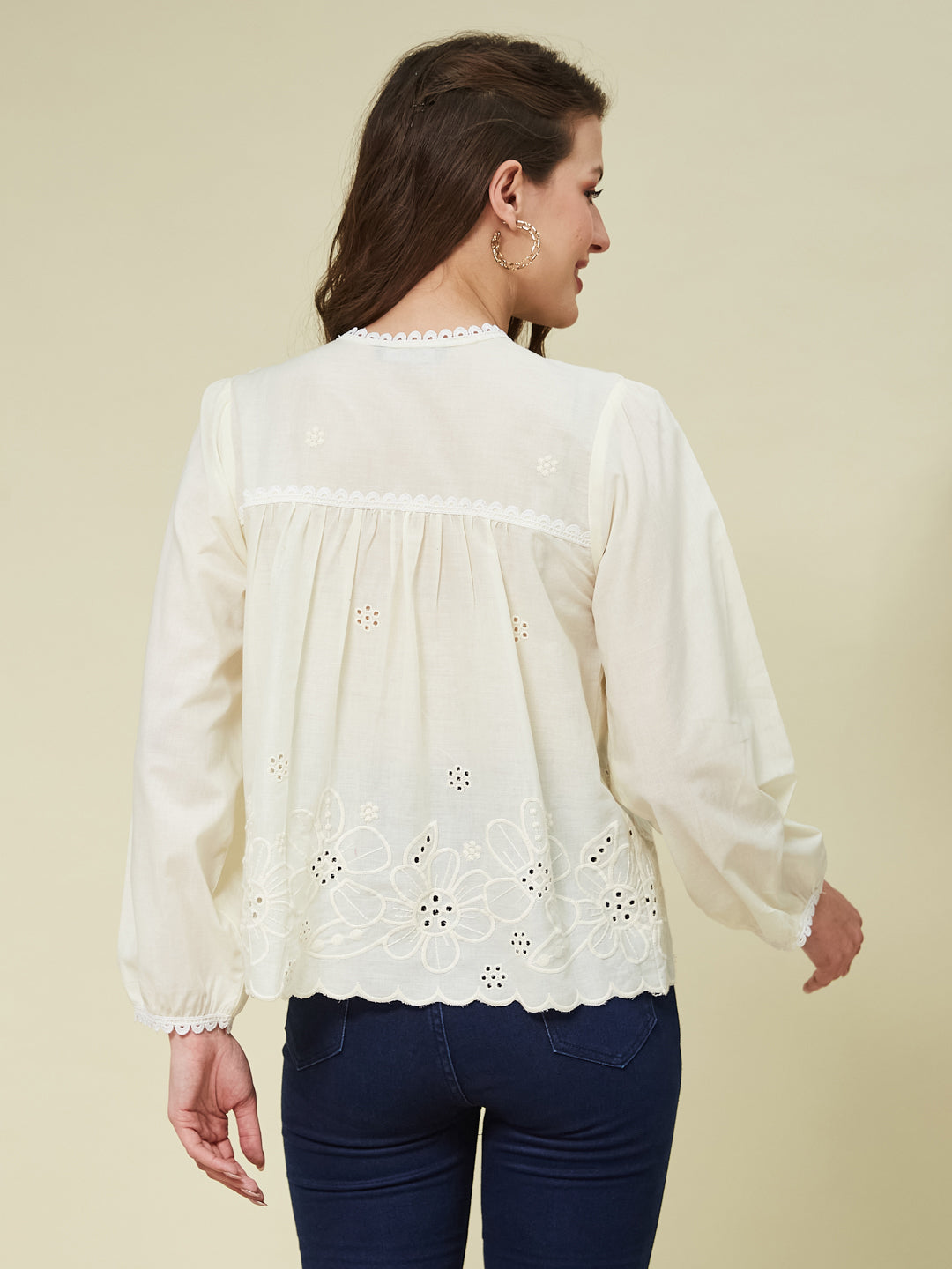 Off White Embroidered Full Sleeves Regular Cotton Shirt