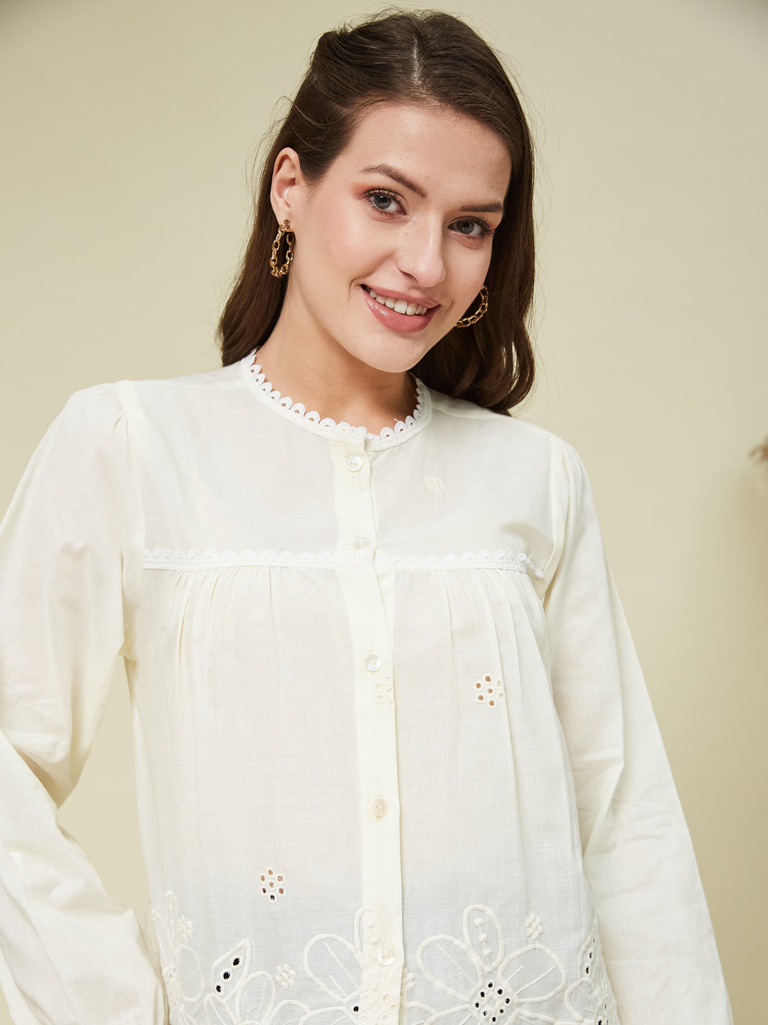Off White Embroidered Full Sleeves Regular Cotton Shirt